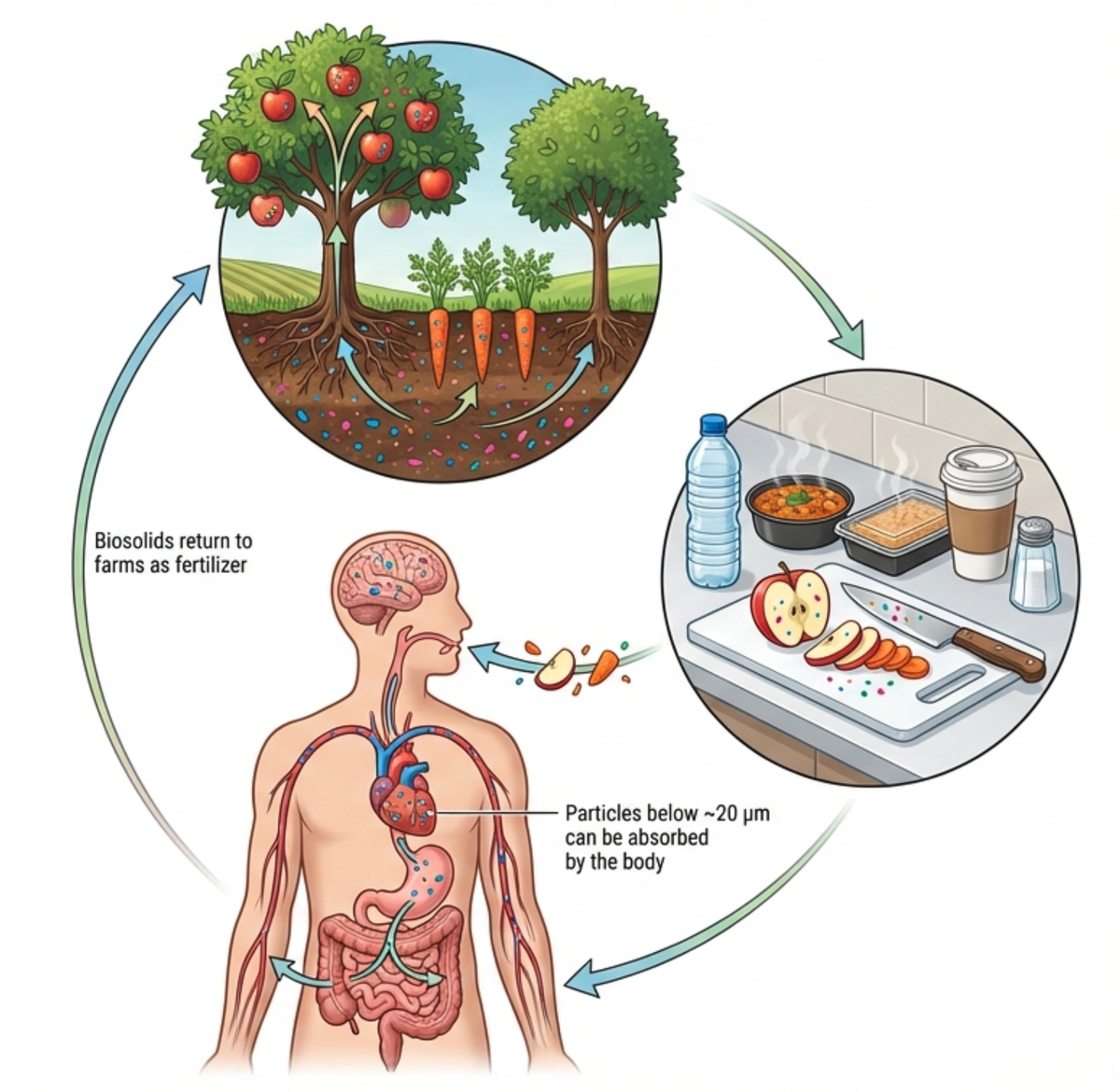 Contamination cycle — nanoplastics travel from soil to farms to food preparation to the human body