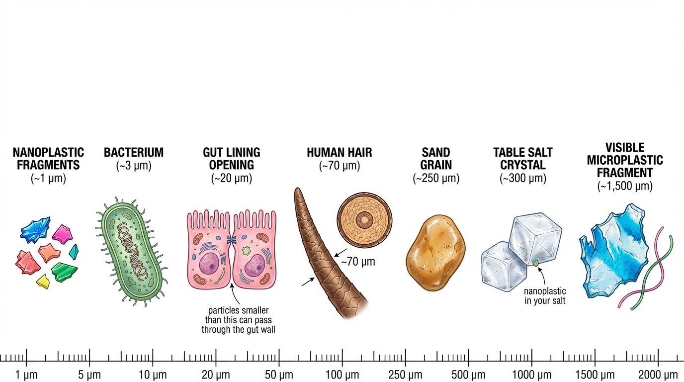 Nanoplastic size comparison — from 1 micron fragments to visible plastic, showing gut lining opening at 20 microns