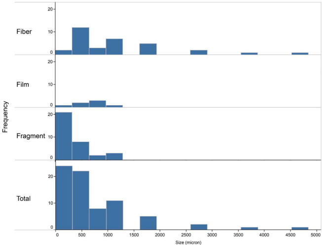 Histograms showing the length frequency distribution of 96 microplastics by type (fiber, film, fragment) and total. Distribution is strongly skewed left, with most particles below 1000 microns.